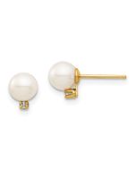 Cricket Bug 14k Madi K 5-6mm White Round Freshwater Cultured Pearl and .02 Carat Diamond Post Earrings with Silicone Backs