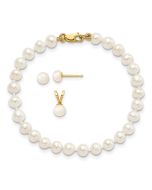 Sweetpea Spark 14k 4-5mm White Freshwater Cultured Pearl Pendant, 5 inch Bracelet and Post Earrings Set