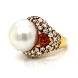 18K Yellow Gold South Sea Pearl Citrine and Diamond Ring