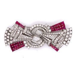 Art Deco Platinum Burma Ruby and Diamond Brooch