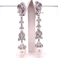Art Deco Platinum South Sea Pearl and Diamond Earrings