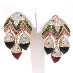 18K Yellow Gold Diamond and Tourmaline Fish Earrings
