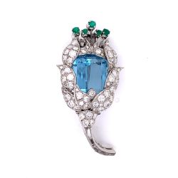 Platinum Aquamarine, Emerald, and Diamond Brooch

