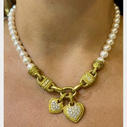 Judith Ripka Pearl Necklace w/ Heart Pendants
