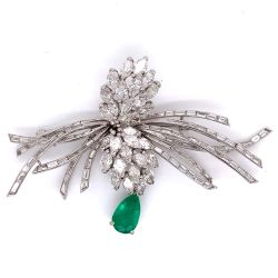 Vintage Platinum Diamond and Emerald Brooch
