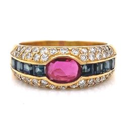 18K Yellow Gold Ruby, Sapphire, and Diamond Ring
