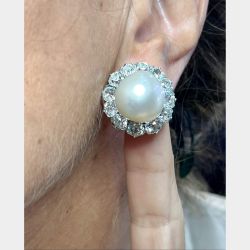 French 18K Yellow Gold & Platinum South Sea Pearl and Diamond Earrings
