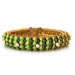 18K Yellow Gold Green Enamel and Diamond Bracelet