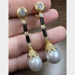 18K Yellow Gold South Sea Pearl and Diamond Earrings
