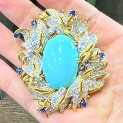*18K Yellow Gold Turquoise/Diamond/Sapphire Brooch*
