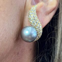 18K Yellow Gold Grey South Sea Pearl & Diamond Earrings