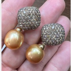 18K Yellow Gold South Sea Pearl & Diamond Earrings
