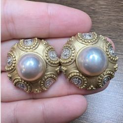 14K Yellow Gold Mabe Pearl & Diamond Earrings