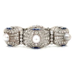 Incredible Art Deco Platinum Diamond, Natural Pearl, and Sapphire Bracelet