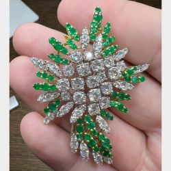 18K Yellow Gold & Platinum Diamond and Emerald Brooch
