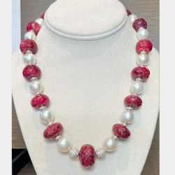18K White Gold Ruby, Diamond, and South Sea Pearl Necklace
