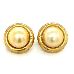 14K Yellow Gold Golden South Sea Pearl and Diamond Earrings, signed YVEL
