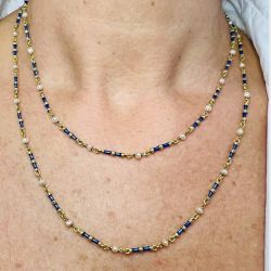 18K Yellow Gold Natural Pearl & Blue Enamel Necklace