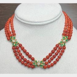 18K Yellow Gold Italian Coral, Diamond, and Emerald Necklace