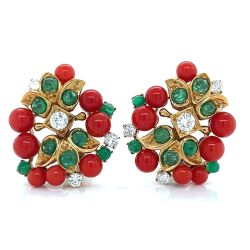 18K Yellow Gold Italian Coral, Diamond, and Emerald Earrings
