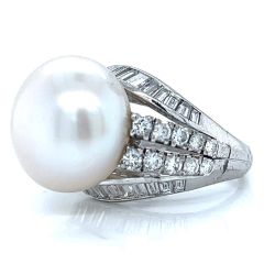 1960's 14K White Gold South Sea Pearl & Diamond Ring