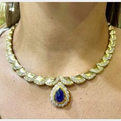 18K Yellow Gold Ceylon Sapphire & Diamond Necklace