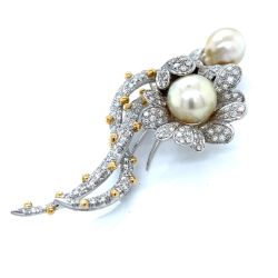 18K White Gold South Sea Pearl & Diamond Flower Brooch

