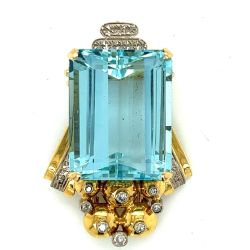 Retro 18K Yellow Gold Aquamarine & Diamond Brooch