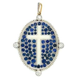 Antique 18K & Platinum Sapphire, Diamond, and Natural Pearl Cross Pendant