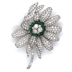 Platinum Diamond & Emerald Flower Brooch
