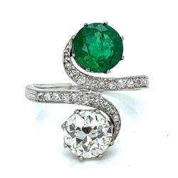 Victorian Platinum & 18K White Gold GIA Certified Diamond and Emerald Ring