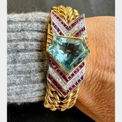 1960's 18K Yellow Gold Aquamarine, Ruby, and Diamond Bracelet
