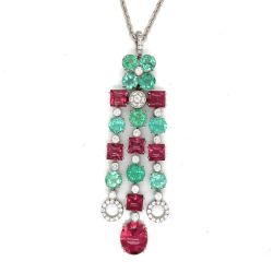 18K White Gold CISGEM Certified Rubelite, Emerald, and Diamond Necklace
