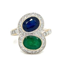 18K White Gold Sapphire, Emerald, and Diamond Ring