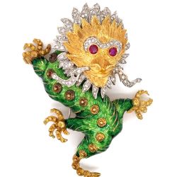 18K Yellow Gold Diamond & Ruby Chinese Dragon Brooch
