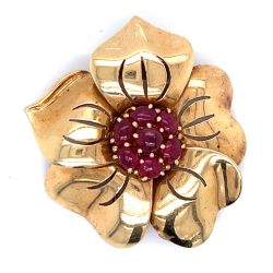 TRABERT HOEFFER & MAUBOUSSIN Retro 14K Yellow Gold Burma Ruby Flower Brooch
