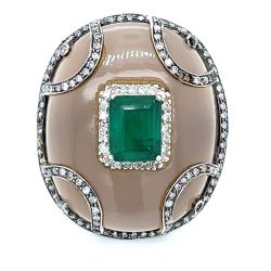 18K Yellow Gold & Silver Emerald and Diamond Ring
