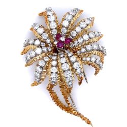 FRENCH 18K Yellow Gold Diamond & Ruby Flower Brooch

