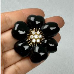 18K Yellow Gold Onyx & Diamond Flower Brooch
