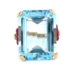 1960's 14K Yellow Gold 32.00 Ct. Aquamarine & Burma Ruby Ring
