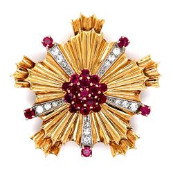 TIFFANY & CO. 14K Yellow Gold Burma Ruby and Diamond Brooch
