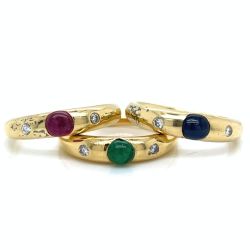18K Yellow Gold Ruby, Emerald, & Sapphire Ring Set
