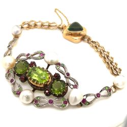 Victorian 14K & Silver Tsavorite, Peridot, & Pearl Bracelet

