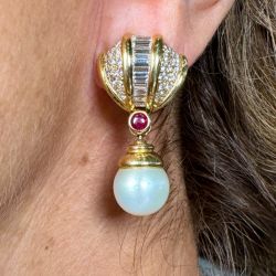 FRENCH 18K Yellow Gold South Sea Pearl & Diamond Earrings
