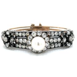 14K White Gold & Silver Top Pearl & Diamond Bangle
