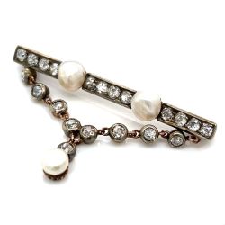Victorian 18K & Silver Top Natural Pearl & Diamond Brooch
