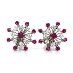 Retro 14K & Palladium Burma Ruby & Diamond Earrings
