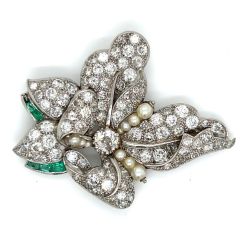 Art Deco Platinum Natural Pearl Emerald & Diamond Brooch

