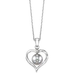 Front View Cultured Silver Gray Pearl Ribbon Heart Pendant