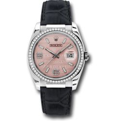  *Pre-Owned* Rolex White Gold Datejust 36 Watch - 60 Diamond Bezel - Pink Wave Diamond 6 And 9 Arabic Dial - Leather